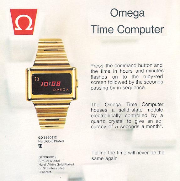 1974 Omega Sales Leaflet Showing a Gold Plated Time Computer TC1 Watch"Telling Time Will Never Be The Same Again"